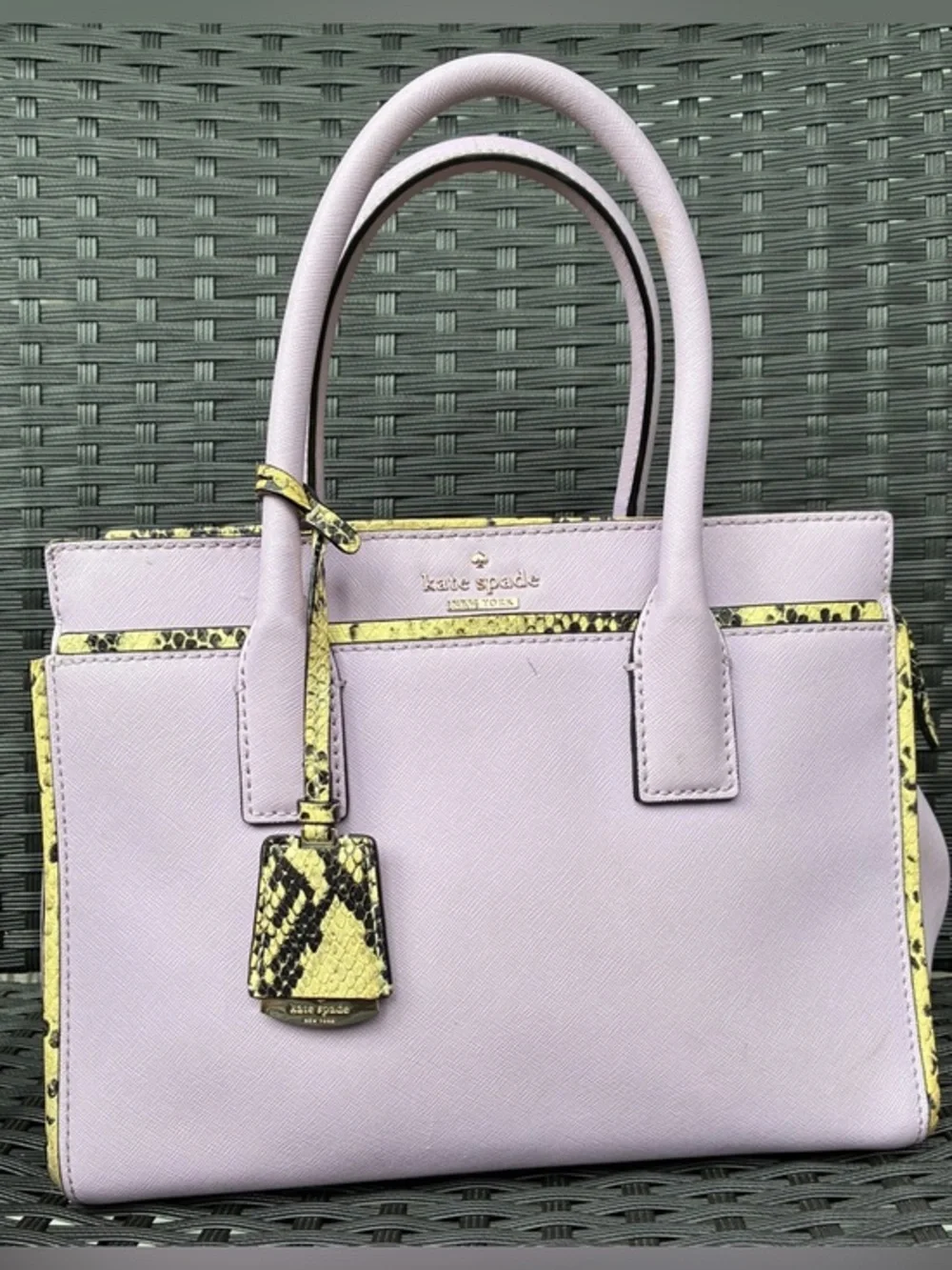 kate spade lilac satchel with yellow snake-print trim